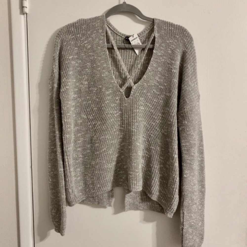 Express Criss across Grey V Neck Sweater